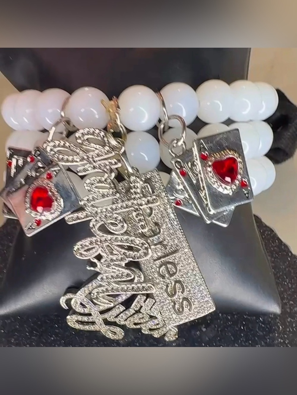 White Beaded Charm Bracelet with Red Heart Accents